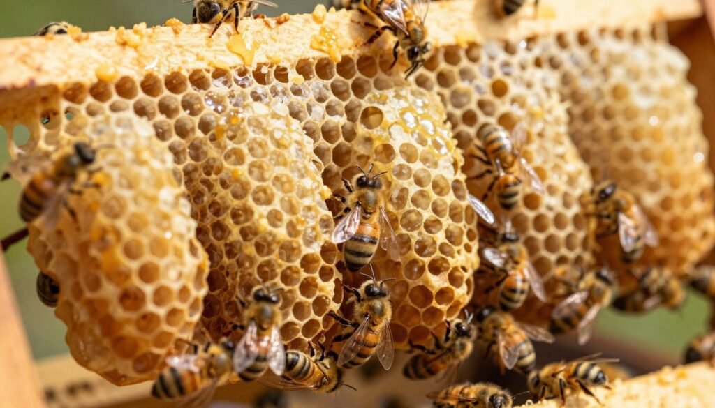 A close-up view of several queen bee cells suspended on a honeycomb frame, showcasing their distinct oval shape and rich, golden color. The foreground features detailed textures of the beeswax, with tiny worker bees gently attending to the cells, emphasizing the intricate social structure of the hive. In the middle, the honeycomb structure is visible, surrounded by a light mist of honey, creating a soft, glistening effect. The background is slightly blurred, depicting a warm, natural lighting that highlights the vibrant yellows and browns of the hive, evoking a sense of harmony and balance within this two-queen beehive environment. The scene is peaceful, inviting viewers to appreciate the complexity of beekeeping management.
