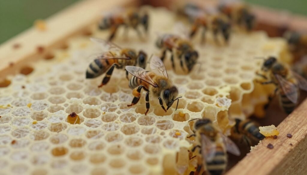 A close-up view of several queen cells in a beehive, showcasing the intricate details of their structure. The foreground highlights the creamy-yellow, waxy cells, some with emerging virgin queens, while others appear sealed. The middle section reveals a bustling hive, with worker bees tending to the cells, creating a sense of vibrancy and activity. The background is softly blurred, emphasizing the depth and warmth of the hive environment, filled with natural wood textures and a few scattered honeycomb pieces. Soft, diffused lighting enhances the delicate features of the queen cells, casting gentle shadows for depth. The mood is one of anticipation and careful management, reflecting the critical process of swarming within a bee colony.