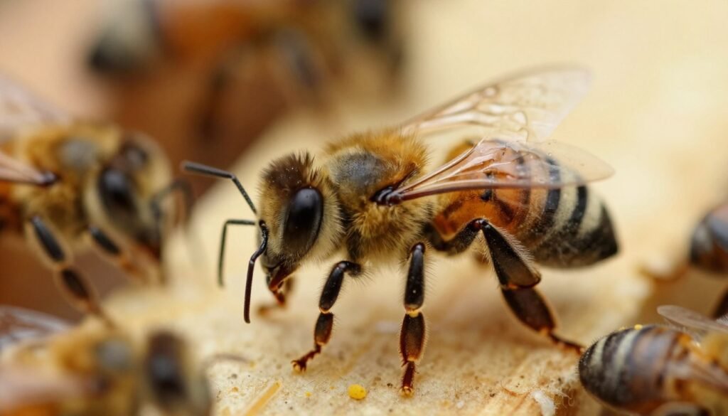 A close-up view of several varroa mites, showing their distinct oval shapes and claw-like appendages, intricately detailed on the back of a honeybee. In the foreground, the honeybee is in sharp focus, exhibiting minute hairs and pollen grains, while the mites are clearly visible on its abdomen. The background is a blurred hive scene, with soft, golden light filtering through, creating an atmosphere of urgency and concern for the health of the bee community. The image captures the tension between the mites and the bee, suggesting the implications of a high mite count. Shot from a slight angle to provide depth, the lens is macro, emphasizing the minute details of the mites in their natural habitat. A close-up view of several varroa mites, showing their distinct oval shapes and claw-like appendages, intricately detailed on the back of a honeybee. In the foreground, the honeybee is in sharp focus, exhibiting minute hairs and pollen grains, while the mites are clearly visible on its abdomen. The background is a blurred hive scene, with soft, golden light filtering through, creating an atmosphere of urgency and concern for the health of the bee community. The image captures the tension between the mites and the bee, suggesting the implications of a high mite count. Shot from a slight angle to provide depth, the lens is macro, emphasizing the minute details of the mites in their natural habitat.