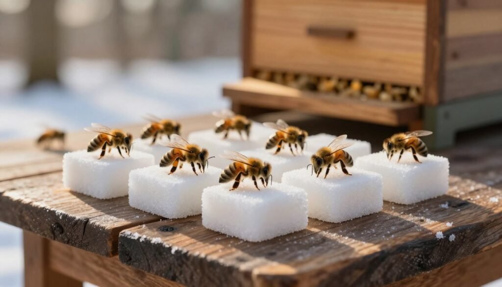 A close-up view of sugar bricks, shaped like small, solid blocks, arranged artfully on a rustic wooden table. Bees, with intricate detail showcasing their fuzzy bodies and delicate wings, are gently landing on the sugar bricks, drawn to the sweetness. In the background, a soft-focus image of a warm, cozy beehive glows subtly under natural golden lighting, creating a welcoming atmosphere. The scene captures a serene winter day, with frost lightly dusting the edges of the table and a hint of sunlight filtering through nearby trees. The angle is slightly above the sugar bricks, emphasizing the interaction between the bees and their supplemental feed, embodying a sense of nourishment and natural harmony.
