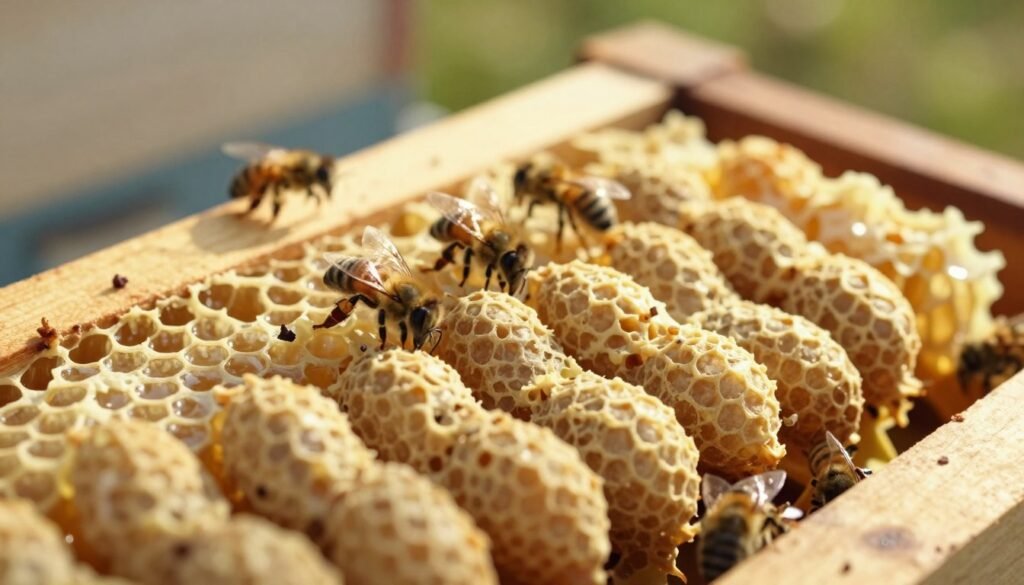 A close-up view of supersedure cells hanging from the frames of a beehive, showcasing their distinct, elongated, and peanut-like shape. The foreground should feature several cells with bees tending to them, highlighting minute details such as the wax texture and the soft, shimmering glow of the honeycomb surface. In the middle ground, a few worker bees can be seen in gentle motion, interacting carefully with the surrounding cells. The background should softly blur into the natural hive environment, with hints of wood and other hive elements. The lighting is warm and natural, simulating late afternoon sunlight filtering through the hive, creating an inviting and serene atmosphere. Capture the image from a slightly elevated angle to give a comprehensive view of this unique aspect of hive dynamics.