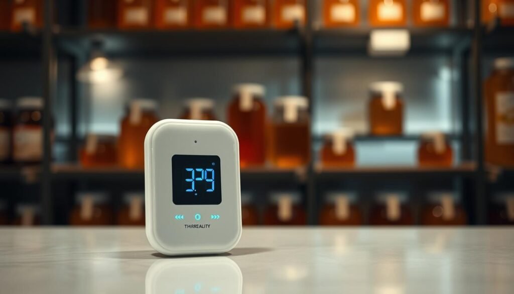 A close-up view of the THIRDREALITY Zigbee Temperature and Humidity Sensor, prominently featuring the sleek design and digital display. The sensor, with its glossy white finish and subtle blue LED indicators, sits on a clean, modern countertop. In the background, a softly lit honey room with shelves of honey jars reflects warmth and professionalism. The lighting is ambient, casting gentle shadows, enhancing the sensor's features. Use a shallow depth of field to blur the honey jars slightly, keeping the focus sharp on the thermometer. The atmosphere conveys a sense of precision and reliability, perfect for a tech-savvy audience interested in monitoring temperature and humidity for optimal honey storage conditions.