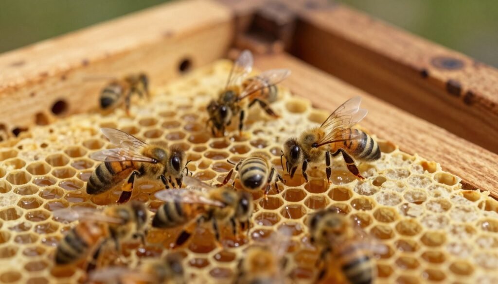 A close-up view of the intricate interiors of a honeybee hive, showcasing the hexagonal wax cells filled with honey and larvae. In the foreground, a few bees are tending to the brood, depicted in realistic detail, emphasizing their delicate wings and fuzzy bodies. The middle ground should reveal clusters of honeycomb, illuminated by soft, warm lighting, enhancing the natural gold and amber hues of the honey. In the background, the hive's wooden structure provides a rustic contrast, with subtle textures of wood grain and tiny entry points visible. The atmosphere is one of industrious harmony, with a gentle, inviting light suggesting warmth and life. Capture this scene from a slightly angled perspective to create depth and intrigue, emphasizing the complexity of the hive environment. A close-up view of the intricate interiors of a honeybee hive, showcasing the hexagonal wax cells filled with honey and larvae. In the foreground, a few bees are tending to the brood, depicted in realistic detail, emphasizing their delicate wings and fuzzy bodies. The middle ground should reveal clusters of honeycomb, illuminated by soft, warm lighting, enhancing the natural gold and amber hues of the honey. In the background, the hive's wooden structure provides a rustic contrast, with subtle textures of wood grain and tiny entry points visible. The atmosphere is one of industrious harmony, with a gentle, inviting light suggesting warmth and life. Capture this scene from a slightly angled perspective to create depth and intrigue, emphasizing the complexity of the hive environment.