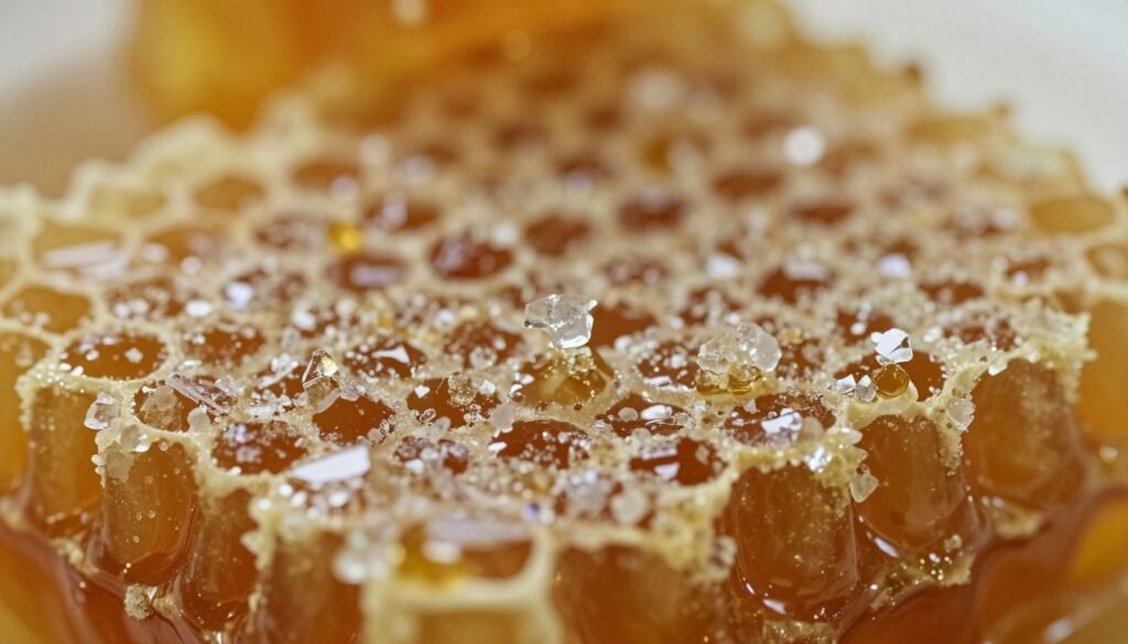 A close-up view of the intricate process of crystallization, focusing on beautiful honey crystals forming in a soft, amber hue. In the foreground, shimmering crystalline structures glisten and refract light, creating a sparkling array of shapes and patterns. The middle ground showcases a vivid pool of liquid honey, rich and thick, with small, delicate clusters of crystals beginning to emerge. In the background, a blurred representation of a natural setting, perhaps a honeycomb, softly diffused with warm golden lighting, creating a cozy and inviting atmosphere. The overall mood should evoke a sense of wonder and curiosity about the natural processes involved in honey transformation, captured with a macro lens to emphasize detail, and using gentle, even lighting to highlight textures without harsh shadows. A close-up view of the intricate process of crystallization, focusing on beautiful honey crystals forming in a soft, amber hue. In the foreground, shimmering crystalline structures glisten and refract light, creating a sparkling array of shapes and patterns. The middle ground showcases a vivid pool of liquid honey, rich and thick, with small, delicate clusters of crystals beginning to emerge. In the background, a blurred representation of a natural setting, perhaps a honeycomb, softly diffused with warm golden lighting, creating a cozy and inviting atmosphere. The overall mood should evoke a sense of wonder and curiosity about the natural processes involved in honey transformation, captured with a macro lens to emphasize detail, and using gentle, even lighting to highlight textures without harsh shadows.