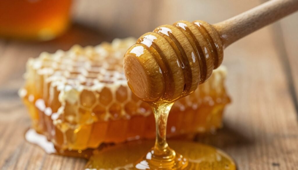 A close-up view of thick, golden honey dripping from a wooden honey dipper against a rustic wooden background. The honey exhibits a smooth and viscous consistency, glistening in warm, natural light that enhances its amber hues. In the foreground, the dipper is sharply focused, emphasizing the texture of the honey, while a soft blur in the background reveals delicate honeycomb cells with subtle details of the bees' work. The mood is inviting and warm, evoking a sense of natural sweetness and richness. The lighting casts soft highlights and shadows, creating depth and emphasizing the luxurious quality of the honey.