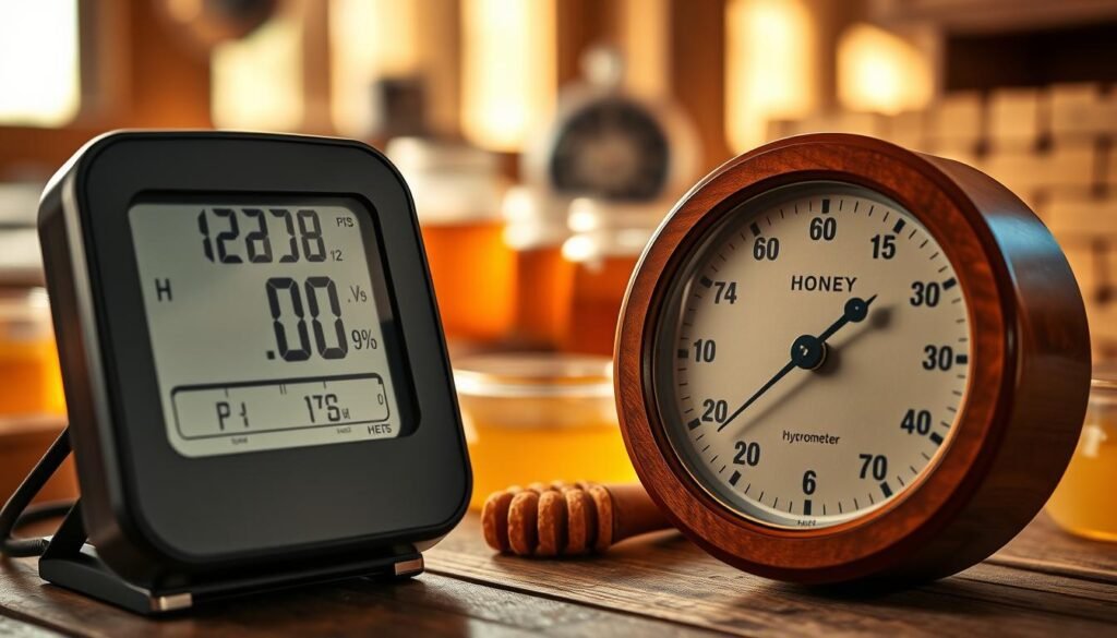 A close-up view of two hygrometers side by side: a sleek digital hygrometer with a clear LCD display showing precise humidity readings, and a classic analog hygrometer with a polished wooden frame and a large, easy-to-read dial. In the foreground, focus on the sharp details of the hygrometers, emphasizing the contrast between modern and traditional technology. The background features a soft-focus honey processing room with warm, natural light illuminating the scene, casting gentle shadows. Include elements like honey jars and beeswax to enhance the context, creating a professional atmosphere. The mood should be informative and inviting, showcasing the importance of measuring humidity in honey processing.