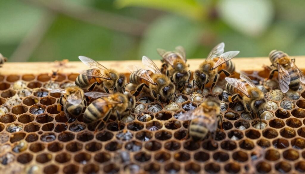 A close-up view of uncapped beehive cells infested with European foulbrood, showcasing dead larvae in various stages of decay. The foreground features the hexagonal honeycomb structure with distinct dark and light cell colors, emphasizing the unhealthy larvae. The middle layer highlights several bees, appearing distressed as they hover around the infected cells, displaying characteristics of European foulbrood such as a lighter body and wrinkled wings. The background captures a blurred view of a natural honeybee environment, with soft green foliage and dappled sunlight filtering through, creating a somber yet educational atmosphere. Use soft lighting to enhance the details of the larvae and bees, shot at a macro angle to focus on the infestation's intricacies and health implications.