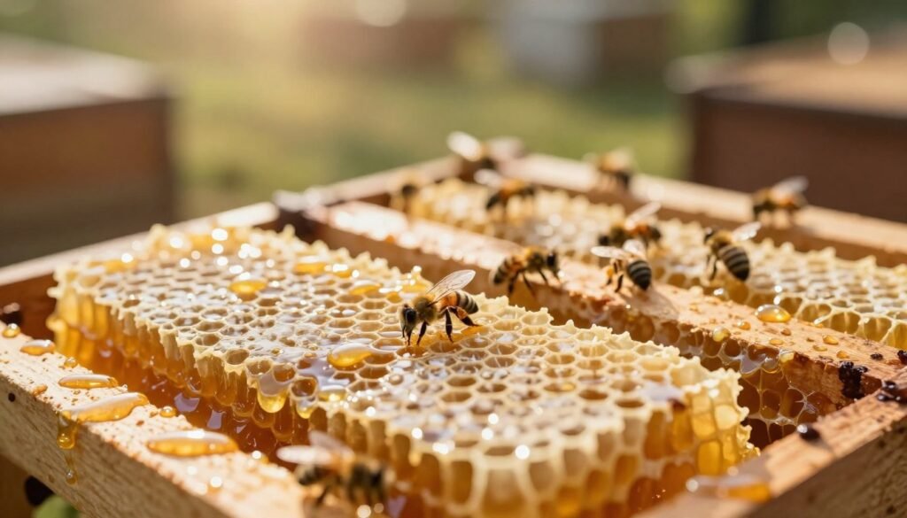 A close-up view of uncapped frames of honeycomb filled with golden honey, showcasing glistening droplets of honey collecting at the edges. In the foreground, the focus is on partially filled honey cells, emphasizing the raw texture of the comb and the vibrant yellow-brown color of the honey. In the middle ground, scattered bees can be seen working diligently, their wings catching the light, highlighting their activity in relation to the uncapped frames. The background features a blurred view of a sunlit apiary, with soft bokeh effects creating an ethereal atmosphere. The lighting is warm and natural, simulating a late afternoon glow, enhancing the richness of the honey's color while casting gentle shadows. The overall mood conveys both the beauty and care needed in harvesting uncapped frames, inviting the viewer to appreciate the delicate balance of nature. A close-up view of uncapped frames of honeycomb filled with golden honey, showcasing glistening droplets of honey collecting at the edges. In the foreground, the focus is on partially filled honey cells, emphasizing the raw texture of the comb and the vibrant yellow-brown color of the honey. In the middle ground, scattered bees can be seen working diligently, their wings catching the light, highlighting their activity in relation to the uncapped frames. The background features a blurred view of a sunlit apiary, with soft bokeh effects creating an ethereal atmosphere. The lighting is warm and natural, simulating a late afternoon glow, enhancing the richness of the honey's color while casting gentle shadows. The overall mood conveys both the beauty and care needed in harvesting uncapped frames, inviting the viewer to appreciate the delicate balance of nature.