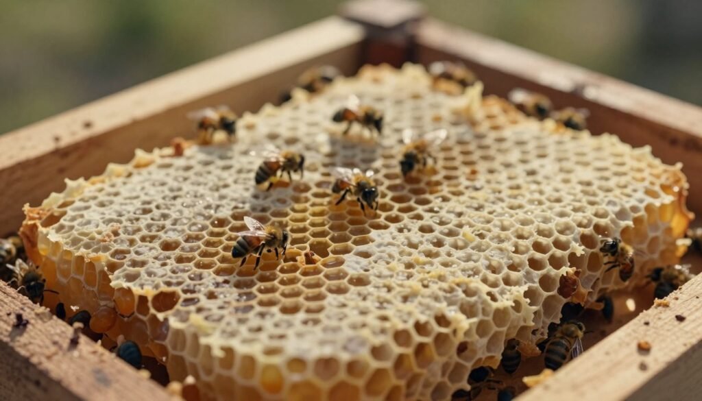 A close-up view of unsupported brood comb in a beehive, showcasing irregular and fragile hexagonal cells filled with honey and brood. The foreground features detailed textures of wax and bee larvae, highlighting the structural instability and risk of collapse. In the middle ground, bees are busily working, illustrating the natural chaos associated with unsupported foundations. The background is a soft focus of wooden hive frames, muted warm tones representing a typical apiary environment. The lighting is soft and warm, resembling late afternoon sunlight, casting gentle shadows that enhance the texture of the comb. The atmosphere reflects a sense of vulnerability and the delicate balance within the hive ecosystem, capturing the risks associated with unsupported brood comb.