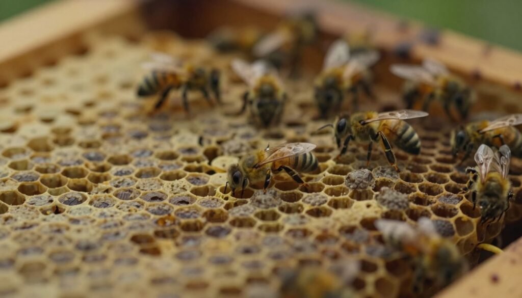 A close-up view of various active queen bee cells within a beehive, prominently featuring several queen cells in the foreground. The cells should appear distinct, showcasing their waxy texture and vibrant colors against the honeycomb structure. In the middle ground, a few worker bees are seen caring for the cells, highlighting the interactive nature of the hive. The background is softly blurred, depicting the interior of the hive with dim, warm lighting, creating a sense of depth and focus on the queen cells. The atmosphere should convey urgency and caution, emphasizing the importance of these structures while avoiding any sense of panic. The composition should be shot at a macro angle to capture intricate details, making the viewer feel close to the action. A close-up view of various active queen bee cells within a beehive, prominently featuring several queen cells in the foreground. The cells should appear distinct, showcasing their waxy texture and vibrant colors against the honeycomb structure. In the middle ground, a few worker bees are seen caring for the cells, highlighting the interactive nature of the hive. The background is softly blurred, depicting the interior of the hive with dim, warm lighting, creating a sense of depth and focus on the queen cells. The atmosphere should convey urgency and caution, emphasizing the importance of these structures while avoiding any sense of panic. The composition should be shot at a macro angle to capture intricate details, making the viewer feel close to the action.