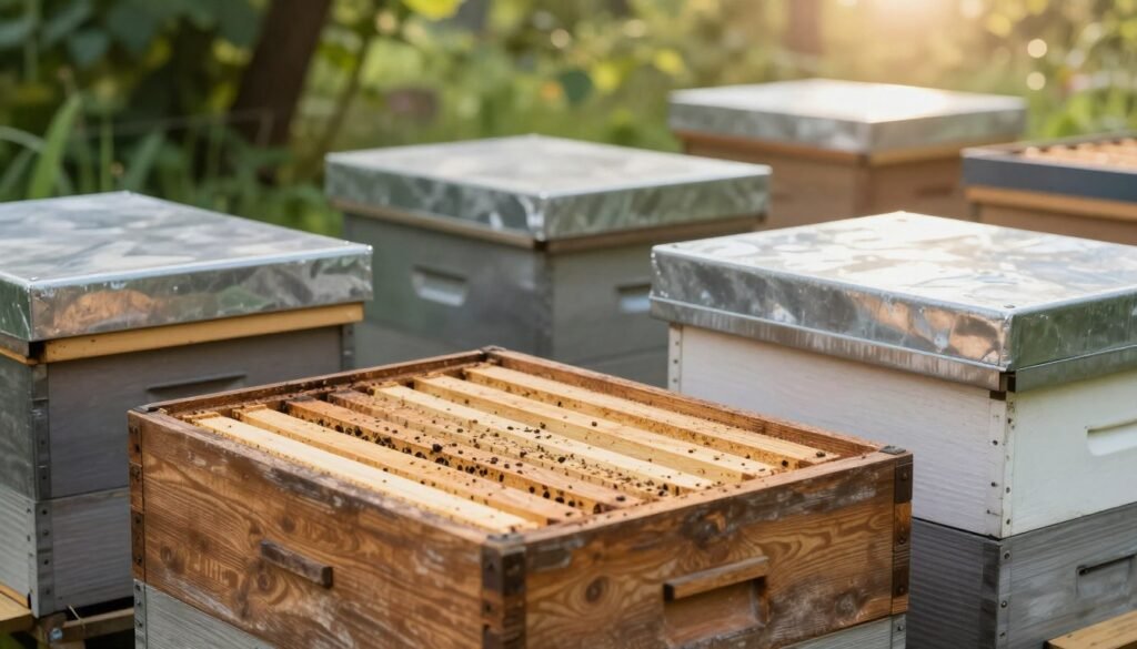 A close-up view of various beehive boxes made from different materials, showcasing durability in texture and color. The foreground features a wooden hive box with a weathered, resilient finish, partially open to reveal frames inside. The middle ground displays a metal hive box, contrasting in sheen and structure, along with a plastic hive box, highlighting strengths and weaknesses in material. The background includes a soft-focus apiary in natural light, with lush greenery and soft, warm sunlight streaming through trees, creating a serene atmosphere. Capture it from a slightly elevated angle, emphasizing texture details and the interplay of light on materials to convey the theme of durability and maintenance in beekeeping.