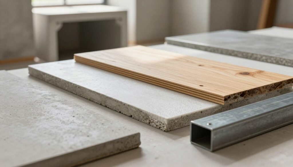 A close-up view of various durable building materials used in home construction, arranged artistically on a solid surface. In the foreground, showcase a textured concrete sample, a steel beam, and a composite material. The middle layer features detailed textures of wood and fiberglass panels, indicating strength and security. In the background, a partially constructed entrance tunnel made of reinforced concrete, illuminated by soft, natural sunlight filtering through an overhead skylight, casts gentle shadows that enhance the materials' durability. The atmosphere is professional and focused, evoking a sense of reliability and long-term protection from external threats. Integrate an overall neutral color palette with hints of warm tones to create a sense of safety and stability.
