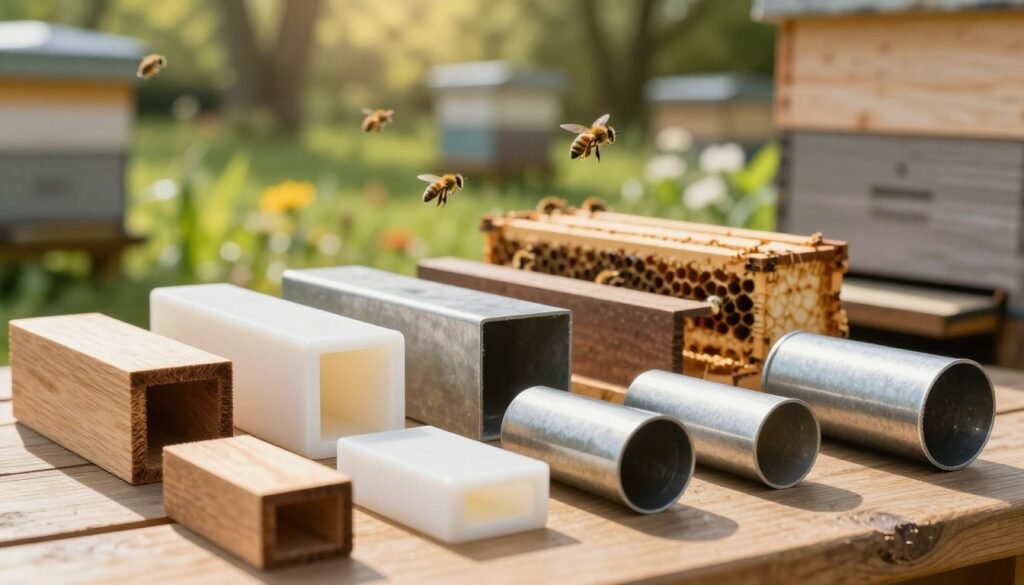 A close-up view of various entrance reducer materials suitable for beehives, arranged neatly on a wooden surface. In the foreground, showcase pieces made from wood, plastic, and metal, highlighting their textures and finishes. The middle layer features a partially open beehive with bees buzzing around, emphasizing the importance of the reducers in hive management. In the background, a tranquil apiary scene is visible, with a lush garden and soft sunlight filtering through trees, creating a warm and inviting atmosphere. The image should be well-lit, capturing the natural colors of the materials and the vibrant life of the bees. Use a shallow depth of field to focus on the entrance reducers while gently blurring the background. A close-up view of various entrance reducer materials suitable for beehives, arranged neatly on a wooden surface. In the foreground, showcase pieces made from wood, plastic, and metal, highlighting their textures and finishes. The middle layer features a partially open beehive with bees buzzing around, emphasizing the importance of the reducers in hive management. In the background, a tranquil apiary scene is visible, with a lush garden and soft sunlight filtering through trees, creating a warm and inviting atmosphere. The image should be well-lit, capturing the natural colors of the materials and the vibrant life of the bees. Use a shallow depth of field to focus on the entrance reducers while gently blurring the background.