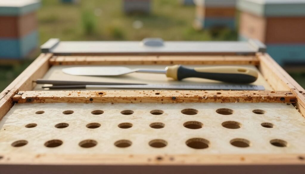 A close-up view of various feeder access hole sizes for beehive inner covers, clearly illustrating the differences in diameter and shape. The foreground features multiple inner covers arranged neatly, with holes of varying sizes—small, medium, and large—highlighted for comparison. The middle layer includes tools associated with beekeeping, like a hive tool and a ruler for scale. The background presents a blurred natural setting to suggest an outdoor apiary, bathed in warm, natural lighting that creates a calm, inviting atmosphere. The image should be detailed and focused, capturing the precision and functionality of each hole while maintaining a professional and educational tone, without any text or distractions. A close-up view of various feeder access hole sizes for beehive inner covers, clearly illustrating the differences in diameter and shape. The foreground features multiple inner covers arranged neatly, with holes of varying sizes—small, medium, and large—highlighted for comparison. The middle layer includes tools associated with beekeeping, like a hive tool and a ruler for scale. The background presents a blurred natural setting to suggest an outdoor apiary, bathed in warm, natural lighting that creates a calm, inviting atmosphere. The image should be detailed and focused, capturing the precision and functionality of each hole while maintaining a professional and educational tone, without any text or distractions.