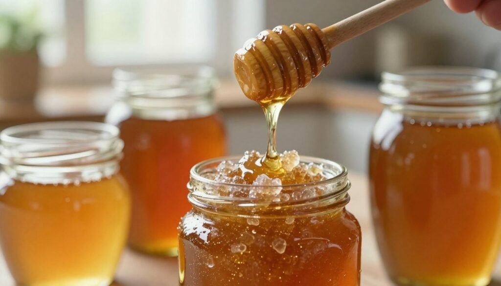 A close-up view of various jars of honey showcasing different textures, some crystallized and others smooth and liquid, emphasizing the contrast in crystallization rates. In the foreground, focus on a jar of crystallized honey, glistening with sugar crystals, while a liquid honey jar is slightly blurred beside it. In the middle, include a wooden honey dipper poised above the crystallized jar, dripping honey and catching the light. The background features a soft-focus kitchen setting with warm, natural lighting pouring in through a window, creating a cozy atmosphere. The image should evoke curiosity and a sense of warmth, highlighting the nuances of honey's characteristics without any human figures or distractions.