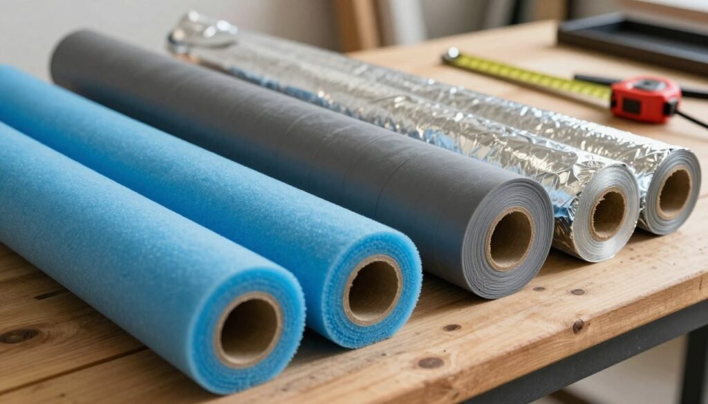 A close-up view of various types of pipe insulation materials, neatly arranged on a wooden workbench. The foreground features thick foam insulation in vibrant colors, such as blue and gray, with some sections cut open to reveal the inner core. The middle ground showcases flexible rubber insulation and reflective foil insulation rolls, highlighting their textures and thicknesses. In the background, a well-lit workshop with tools like a measuring tape and sharp knife can be seen, casting soft shadows under warm overhead lights. The atmosphere is professional and focused, conveying a sense of precision and expertise in selecting proper insulation thickness for various projects. Use a shallow depth of field to emphasize the insulation materials while gently blurring the background for a clean, polished look.