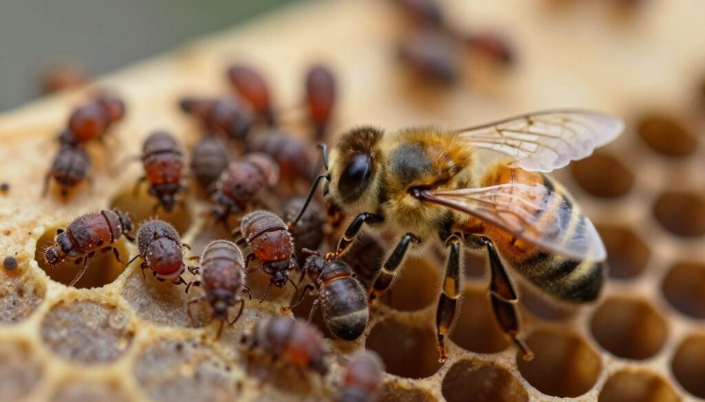 A close-up view of varroa mites on a honey bee, showcasing the detailed anatomy of the mites and their interaction with the bee's body. In the foreground, the bee displays signs of distress, such as deformed wings and subtle discoloration, indicating the impact of viral infections. The mid-ground features clusters of varroa mites, intricately detailed with a focus on their reddish-brown bodies and distinctive shape. The background is softly blurred, depicting a hive setting with hexagonal honeycomb structures and muted colors, creating a natural but somber atmosphere. The lighting is soft and diffused, enhancing the microscopic details, and simulating an investigative study under a microscope. The overall mood is one of urgency and concern for bee health.