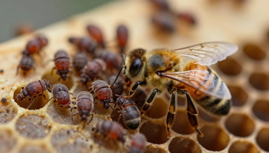 A close-up view of varroa mites on a honey bee, showcasing the detailed anatomy of the mites and their interaction with the