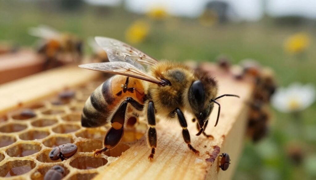 A close-up view of varroa mites on a honeybee, showcasing their distinct oval bodies and claw-like structures. The foreground features a highly detailed bee, with the mites clearly visible on its thorax and abdomen, emphasizing the impact of mite infestation. In the middle ground, consider a blurred hive frame with capped honey cells, illustrating the home environment of the bees. The background can be softly out of focus, depicting a natural outdoor setting with flowers and plants, reflecting a healthy ecosystem. The lighting should be warm and natural, reminiscent of late afternoon sunlight, creating a balanced atmosphere that portrays the tension between the infested bee and its surrounding environment. Use a macro lens perspective to enhance the visibility of mite details while keeping the image clear and professional. A close-up view of varroa mites on a honeybee, showcasing their distinct oval bodies and claw-like structures. The foreground features a highly detailed bee, with the mites clearly visible on its thorax and abdomen, emphasizing the impact of mite infestation. In the middle ground, consider a blurred hive frame with capped honey cells, illustrating the home environment of the bees. The background can be softly out of focus, depicting a natural outdoor setting with flowers and plants, reflecting a healthy ecosystem. The lighting should be warm and natural, reminiscent of late afternoon sunlight, creating a balanced atmosphere that portrays the tension between the infested bee and its surrounding environment. Use a macro lens perspective to enhance the visibility of mite details while keeping the image clear and professional.
