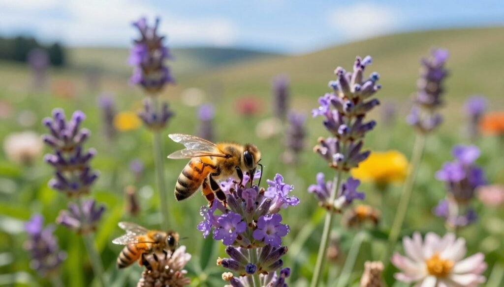 A close-up view of vibrant flowers in full bloom, with bees energetically collecting nectar. In the foreground, several bees are shown with intricate details on their bodies, glistening in the sunlight as they hover around petals covered in morning dew. The middle ground features a variety of colorful flowers like lavender, clover, and wildflowers that attract bees, each exhibiting distinct hues and textures. The background showcases a softly blurred landscape of rolling hills and lush greenery, hinting at diverse floral sources nearby, under a bright blue sky with gentle, dappled sunlight filtering through. The atmosphere is serene and lively, capturing the essence of nature’s bounty and the crucial role of bees in their environment, emphasizing their connection to the diverse terroir of honey aromas. A close-up view of vibrant flowers in full bloom, with bees energetically collecting nectar. In the foreground, several bees are shown with intricate details on their bodies, glistening in the sunlight as they hover around petals covered in morning dew. The middle ground features a variety of colorful flowers like lavender, clover, and wildflowers that attract bees, each exhibiting distinct hues and textures. The background showcases a softly blurred landscape of rolling hills and lush greenery, hinting at diverse floral sources nearby, under a bright blue sky with gentle, dappled sunlight filtering through. The atmosphere is serene and lively, capturing the essence of nature’s bounty and the crucial role of bees in their environment, emphasizing their connection to the diverse terroir of honey aromas.