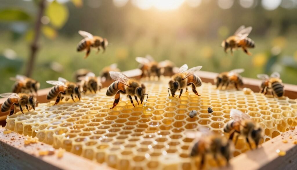 A close-up view of vibrant, healthy wax combs from a beehive, intricately detailed with hexagonal cells filled with golden honey. In the foreground, showcase the smooth, glossy texture of the wax, with a few bee larvae visible, indicating a thriving ecosystem. The middle ground features a swarm of busy honeybees, diligently tending to the combs, with some bees flying actively around, highlighting their importance in maintaining hive health. The background should be a softly blurred natural setting of a garden or meadow, illuminated by warm, golden sunlight filtering through the leaves, creating an inviting and serene atmosphere. The composition should convey a sense of diligent protection against wax moths, reflecting the care essential in beekeeping.