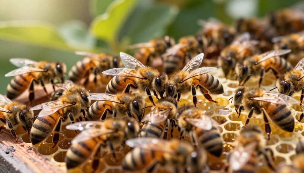 A close-up view of vibrant honey bee colonies actively engaged in social immunity behaviors, showcasing bees working together to care for their hive. In the foreground, a cluster of bees is seen grooming each other, reinforcing the concept of mutualistic care. The middle ground features honeycomb cells filled with honey and brood, highlighting the thriving community. The background reveals a lush green garden, symbolizing a healthy environment. Soft sunlight filters through the leaves, creating a warm and inviting atmosphere. The depth of field focuses sharply on the bees while softly blurring the surroundings, emphasizing their crucial role in maintaining colony health. The overall mood is one of cooperation and resilience in nature.