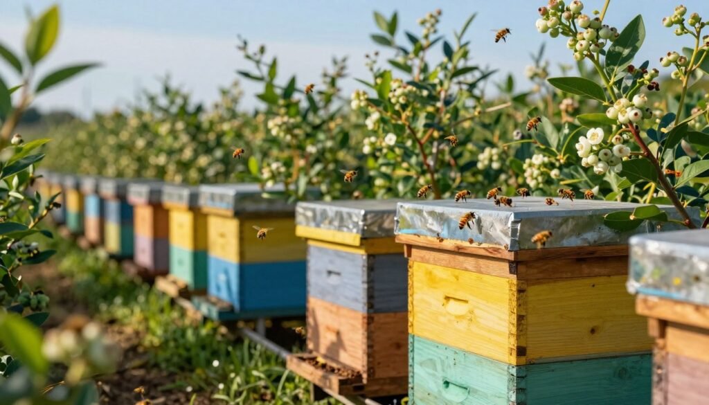 A close-up view of vibrant honey bee hives nestled in a lush blueberry field, surrounded by blooming blueberry bushes. In the foreground, showcase the hives featuring intricate wood textures and vibrant colors, with busy honey bees flying around, emphasizing their role in pollination. The middle ground displays the green foliage and delicate white flowers of the blueberry plants, capturing the essence of a productive agricultural setting. In the background, a clear blue sky illuminates the scene, creating a warm, inviting atmosphere. The lighting should be soft yet bright, reminiscent of a sunny morning, highlighting the activity of bees while maintaining a serene ambiance. Capture this scene from a low angle, enhancing the perspective of the hives and the vibrant flora surrounding them. A close-up view of vibrant honey bee hives nestled in a lush blueberry field, surrounded by blooming blueberry bushes. In the foreground, showcase the hives featuring intricate wood textures and vibrant colors, with busy honey bees flying around, emphasizing their role in pollination. The middle ground displays the green foliage and delicate white flowers of the blueberry plants, capturing the essence of a productive agricultural setting. In the background, a clear blue sky illuminates the scene, creating a warm, inviting atmosphere. The lighting should be soft yet bright, reminiscent of a sunny morning, highlighting the activity of bees while maintaining a serene ambiance. Capture this scene from a low angle, enhancing the perspective of the hives and the vibrant flora surrounding them.