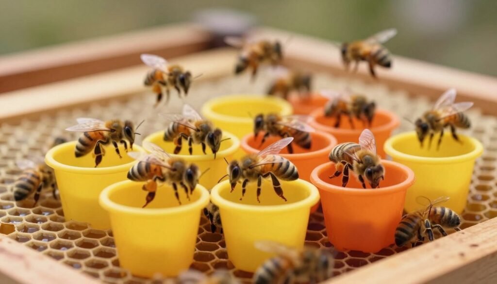 A close-up view of vibrant play cups nestled within a beehive, showcasing the intricate hexagonal structure of honeycomb surrounding them. In the foreground, several yellow and orange play cups are actively being built by worker bees, emphasizing their role in colony development. The middle ground reveals a busy scene of bees flying in and out, interacting with the cups, while the background fades into a soft-focus representation of the hive’s interior, illuminated by warm, natural light that creates a gentle, organic atmosphere. Capture the scene with a shallow depth of field to highlight the cups and bees, conveying a sense of bustling activity and growth essential for bee colony dynamics. A close-up view of vibrant play cups nestled within a beehive, showcasing the intricate hexagonal structure of honeycomb surrounding them. In the foreground, several yellow and orange play cups are actively being built by worker bees, emphasizing their role in colony development. The middle ground reveals a busy scene of bees flying in and out, interacting with the cups, while the background fades into a soft-focus representation of the hive’s interior, illuminated by warm, natural light that creates a gentle, organic atmosphere. Capture the scene with a shallow depth of field to highlight the cups and bees, conveying a sense of bustling activity and growth essential for bee colony dynamics.