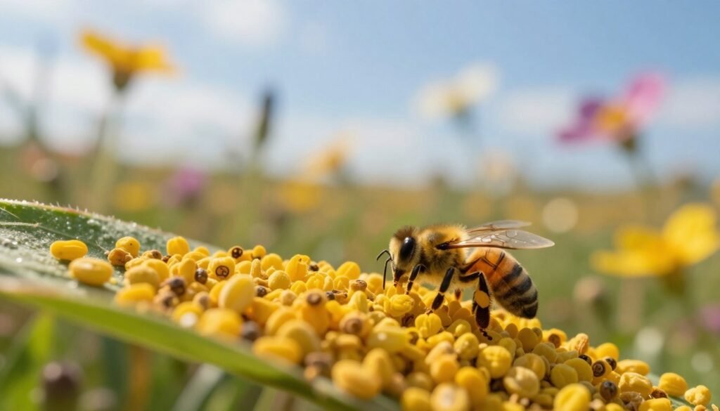 A close-up view of vibrant yellow pollen grains clustered on a soft green leaf, highlighting their intricate textures and shapes. In the foreground, a single honeybee can be seen collecting pollen, its delicate wings glistening under a warm, golden sunlight. The middle layer focuses on a blurred field of wildflowers, their colorful petals gently swaying in the breeze. In the background, a softly lit blue sky creates a serene atmosphere, with wispy clouds adding depth to the scene. The overall mood is tranquil and harmonious, symbolizing the importance of pollen in sustaining bee colonies. The image should be shot at a low angle with a shallow depth of field to emphasize the foreground details.