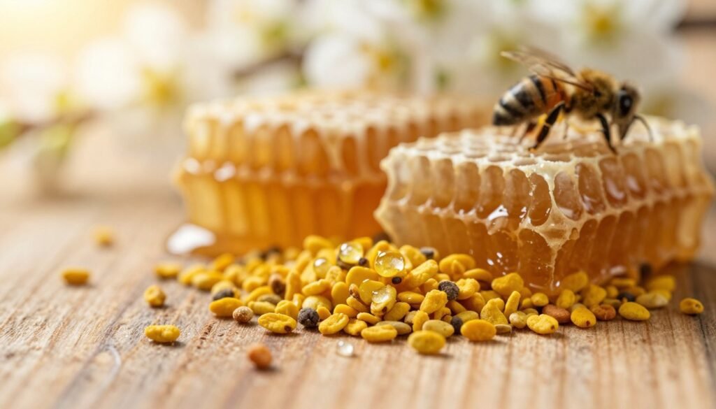 A close-up view of vibrant yellow pollen grains scattered on a natural wooden surface, evoking the essence of nature's bounty. In the foreground, the pollen grains glisten with delicate dew drops, capturing the light and enhancing their texture. The middle layer features honeycomb structures showcasing the intricate details of bees’ work, with soft golden honey oozing from a cell, symbolizing the connection between pollen and honey production. In the background, a blurred image of flowering plants under soft, warm sunlight creates a harmonious atmosphere, signifying the relationship between flowers and honey. The overall mood is serene and natural, with soft focus and natural lighting that highlights the beauty of these organic components.