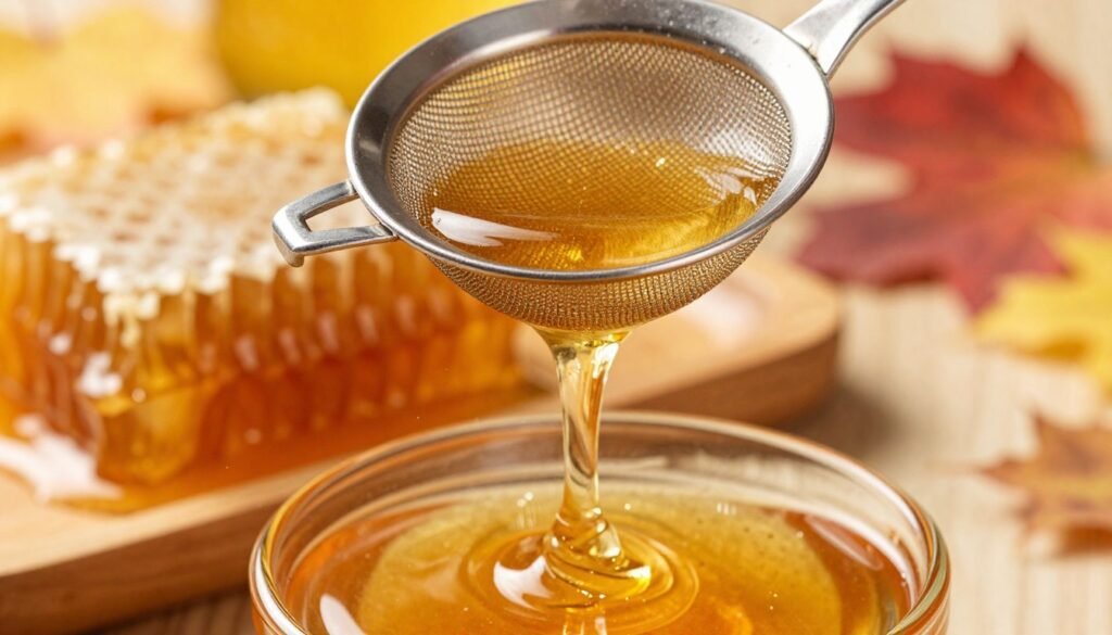 A close-up view of warm honey flowing elegantly from a honey gate strainer. In the foreground, the honey is depicted in a vibrant golden amber color, glistening under soft, warm lighting that highlights its viscous texture. The honey gate strainer, made from stainless steel, is positioned at an angle, showcasing its mesh and spout. In the middle ground, a wooden honeycomb drips honey, while the background features blurred hints of colorful autumn leaves, invoking a warm, inviting atmosphere. The overall scene should evoke a sense of warmth and natural sweetness, emphasizing the effects of temperature on honey flow. Use a slightly tilted perspective to create depth, with a focus on the honey's fluid motion and texture. A close-up view of warm honey flowing elegantly from a honey gate strainer. In the foreground, the honey is depicted in a vibrant golden amber color, glistening under soft, warm lighting that highlights its viscous texture. The honey gate strainer, made from stainless steel, is positioned at an angle, showcasing its mesh and spout. In the middle ground, a wooden honeycomb drips honey, while the background features blurred hints of colorful autumn leaves, invoking a warm, inviting atmosphere. The overall scene should evoke a sense of warmth and natural sweetness, emphasizing the effects of temperature on honey flow. Use a slightly tilted perspective to create depth, with a focus on the honey's fluid motion and texture.