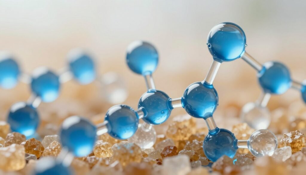 A close-up view of water molecules surrounding sugar crystals, illustrating their molecular structure. In the foreground, show a cluster of vibrant blue and transparent water molecules, intricately connected with hydrogen bonds to golden-brown sugar crystals. In the middle ground, depict a soft focus of additional water molecules, slightly blurred to create depth, reflecting light in a way that emphasizes their fluidity. The background should be subtly illuminated with gentle light, creating a serene atmosphere that suggests scientific precision, with a bokeh effect enhancing the visual interest. Use a macro lens perspective to capture intricate details, with soft, natural lighting to evoke a sense of clarity and freshness in the scientific theme.