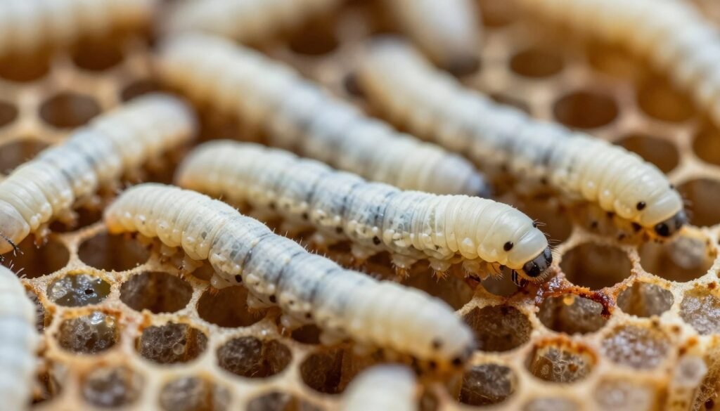 A close-up view of wax moth larvae nestled among honeycomb cells, showcasing their elongated, creamy white bodies and tiny head capsules. In the foreground, emphasize the larvae’s distinct features such as fine hairs and slight curvature. The middle ground should depict damaged honeycomb structures with brown, discolored areas where the larvae have fed. In the background, a blurred beehive interior creates a realistic setting, hinting at the bustling activity of bees. Soft, natural lighting highlights the texture of the larvae and the honeycomb, enhancing the contrast between healthy and damaged sections. The overall atmosphere conveys an educational tone, eliciting curiosity while maintaining clarity for identification purposes.