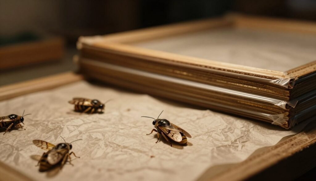 A close-up view of wax moths in a dark, dimly lit environment, showcasing their intricate patterns and details. The foreground features several wax moths resting on crumpled wax paper, their delicate wings slightly spread to reveal textures. In the middle ground, stacked and sealed frames sit neatly, hinting at proper storage methods. The background is softly blurred, highlighting a shadowy storage area. The lighting is warm, casting gentle shadows and emphasizing the moths' features. The atmosphere is one of quiet observation, evoking a sense of care and attention in the context of handling contaminated frames. The composition captures the essence of proper storage techniques without distractions or text overlay.