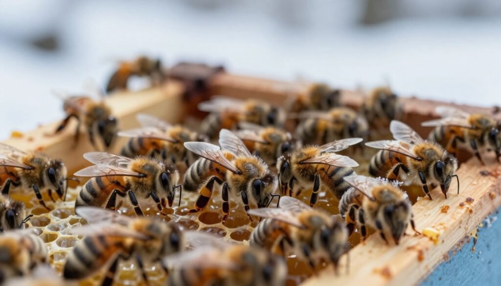A close-up view of winter bees clustered together inside a well-insulated hive, showcasing their fuzzy bodies and delicate wings. In the foreground, focus on a few bees with frost lightly glistening on their fur, highlighting their struggle against the cold. In the middle ground, depict the hive frames, filled with honeycomb and remnants of stored honey, with soft, warm hues to suggest warmth against the winter chill. The background should include a softly blurred snowy landscape outside the hive, with pale blue and white tones capturing the essence of a cold winter day. The lighting is soft, evoking a serene and contemplative mood, as if emphasizing the preparation for winter survival. The image is bright but does not overwhelm, conveying hope and resilience.