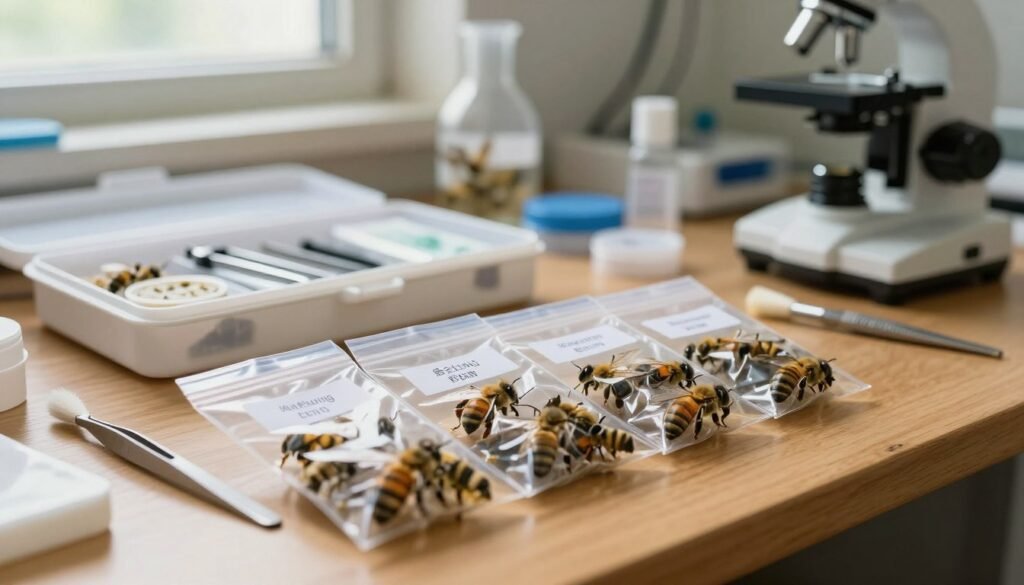 A close-up view showcasing neatly packed bee samples in transparent plastic bags on a wooden surface, highlighting their natural colors and textures. In the foreground, a set of bags containing various bee species, each labeled for identification, with a few tools such as tweezers and a small brush nearby. The middle ground features an opened field collection kit, with tools like forceps and small containers, slightly blurred for depth. The background is softly lit, resembling a laboratory setting with shelves of equipment and a microscope, creating an atmosphere of professionalism and care. Natural light coming from a nearby window adds a warm tint, enhancing the focus on the meticulous preparation of the bee samples while conveying a sense of scientific inquiry and respect for nature.