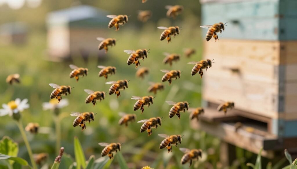 A cluster of bees, densely packed in a dynamic whirlwind, representing the concept of "mite bombs." In the foreground, show distinct Varroa mites clinging onto the bees, emphasizing their small size in relation to the bees' fuzziness. In the middle ground, capture the motion of bees drifting amidst a natural, vibrant outdoor setting, with blurred flowers and lush greenery to indicate a busy hive environment. The background should feature a soft-focus beehive, partially hidden by vegetation. Utilize warm, golden lighting to mimic a sunlit afternoon, casting gentle shadows and creating an inviting atmosphere. The angle should be slightly below the bees, highlighting their importance in the frame, evoking a sense of urgency and activity.
