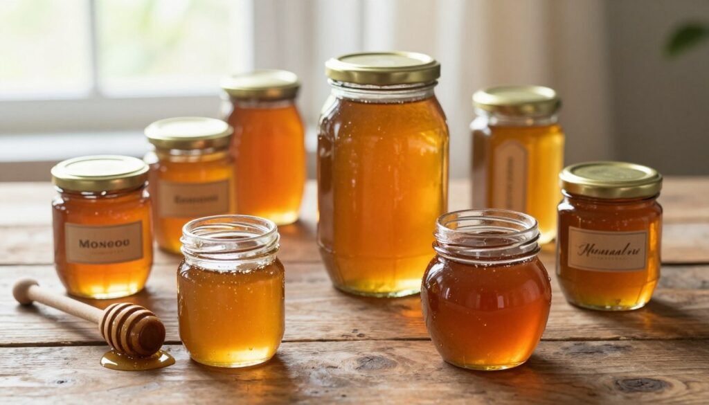 A collection of artisanal honey jars on a rustic wooden table, showcasing various sizes and shapes of jars, each filled with amber-hued honey glistening under soft, warm lighting. In the foreground, a small jar is slightly open, with a wooden honey dipper resting beside it, droplets of honey dripping down. In the middle, a few jars are neatly arranged, displaying elegant labels and natural textures, while a large glass jar with a metal lid stands proud in the center. The background features a softly blurred view of hazy sunlight filtering through a window, creating a cozy and inviting atmosphere, emphasizing the natural purity and richness of honey. Aim for a slightly elevated angle to capture depth and texture, evoking a sense of warmth and homeliness.