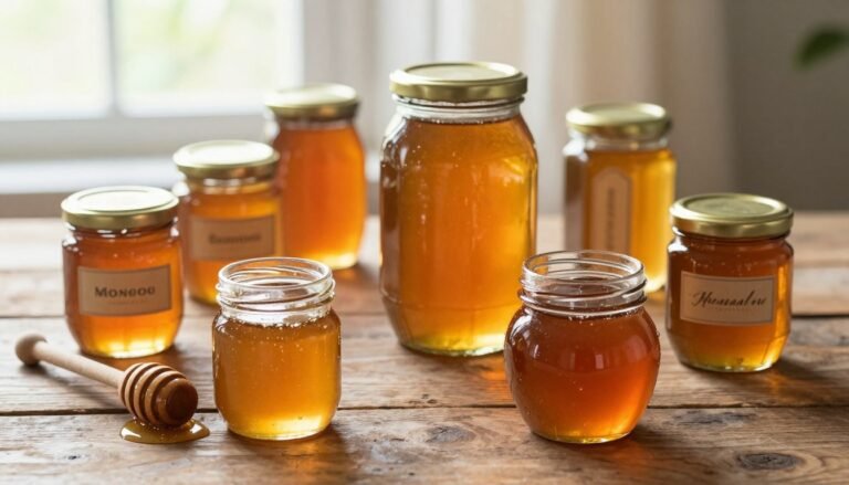 A collection of artisanal honey jars on a rustic wooden table, showcasing various sizes and shapes of jars, each filled with