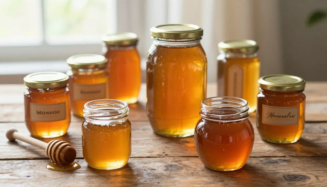 A collection of artisanal honey jars on a rustic wooden table, showcasing various sizes and shapes of jars, each filled with