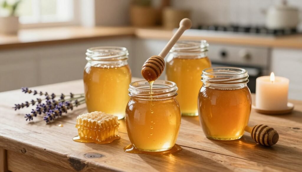 A collection of artisanal honey storage jars elegantly arranged on a rustic wooden table. The foreground features three glass jars, each filled with golden, glistening honey, showcasing different textures and hues. One jar is topped with a wooden dipper, capturing drips of honey. The middle ground includes a few honeycomb pieces and natural accents like sprigs of lavender and beeswax candles, adding warmth and charm. In the background, a softly blurred kitchen setting, with sunlight streaming through a window, creating a warm and inviting atmosphere. The scene is softly lit, highlighting the golden tones of the honey and reflecting a sense of tranquility and sustainability. The perspective is slightly overhead, offering a comprehensive view of the jars and their surroundings. A collection of artisanal honey storage jars elegantly arranged on a rustic wooden table. The foreground features three glass jars, each filled with golden, glistening honey, showcasing different textures and hues. One jar is topped with a wooden dipper, capturing drips of honey. The middle ground includes a few honeycomb pieces and natural accents like sprigs of lavender and beeswax candles, adding warmth and charm. In the background, a softly blurred kitchen setting, with sunlight streaming through a window, creating a warm and inviting atmosphere. The scene is softly lit, highlighting the golden tones of the honey and reflecting a sense of tranquility and sustainability. The perspective is slightly overhead, offering a comprehensive view of the jars and their surroundings.