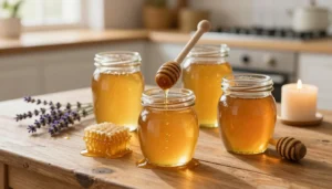 A collection of artisanal honey storage jars elegantly arranged on a rustic wooden table
