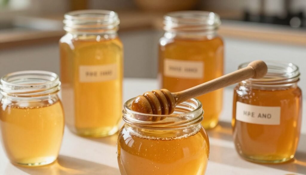 A collection of elegant glass jars in various shapes and sizes, filled with golden, glistening honey, glimmering under soft, warm sunlight. In the foreground, a close-up view of a round jar with a wooden dipper resting across its opening, emphasizing the pure texture of the honey. The middle section features a few taller jars with clear labels indicating different honey varieties, their contents reflecting light pleasantly. The background softly fades into a blurred kitchen countertop, enhancing the homely atmosphere. Natural, diffused lighting casts gentle shadows, evoking a cozy and inviting mood, while the colors are warm and earthy. The composition captures the essence of choosing the right vessel for honey storage, with an emphasis on the beauty and clarity of glass.