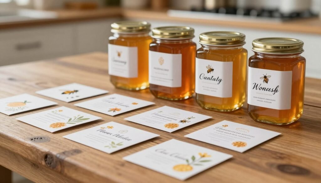 A collection of elegant honey labels displayed artistically on a rustic wooden table. In the foreground, focus on various beautifully designed labels featuring artisanal fonts and illustrations of bees, flowers, and honeycomb patterns. In the middle ground, show a few transparent glass jars of golden honey with their corresponding labels, emphasizing the textural contrast between the smooth glass and the sticky honey inside. The background should be softly blurred, hinting at a cozy kitchen setting with soft, warm lighting to create an inviting atmosphere. Aim for a slightly elevated angle to capture the details of the labels and jars, while evoking a sense of professionalism and care in the presentation, suitable for a premium product.