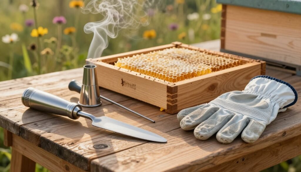 A collection of essential beekeeping tools arranged artistically on a rustic wooden workbench. In the foreground, showcase a shiny stainless steel hive tool, a bee smoker emitting soft wisps of smoke, and a pair of protective gloves. In the middle ground, include a wooden beehive with frames partially open, revealing golden honeycomb. In the background, softly blurred wildflowers and greenery create a natural habitat atmosphere. The lighting is warm and inviting, mimicking the gentle glow of sunset, highlighting the gleam of the tools. Capture this scene from a slightly elevated angle to give depth, aiming to evoke a sense of calm and dedication in the beekeeping trade.