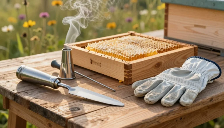 Beekeeping tools laid out on a wooden workbench: hive tool, lit smoker and protective gloves beside an open hive