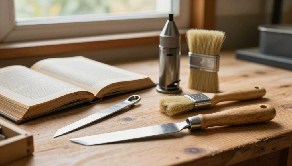 A collection of essential hive tools arranged neatly on a wooden workbench, showcasing items like a hive tool, smoker, and brush. In the foreground, the hive tool, with a shiny metal blade and a wooden handle, glimmers under warm, inviting lighting. The middle layer features a vintage beekeeping textbook partially opened, hinting at the techniques of sterilization. In the background, a window allows soft, natural light to filter in, enhancing the warm atmosphere and reflecting a cozy workshop environment. The scene is devoid of clutter, emphasizing professionalism and preparation for beekeeping tasks. The overall mood is calm and focused, ideal for portraying an organized setting prior to sterilizing equipment.