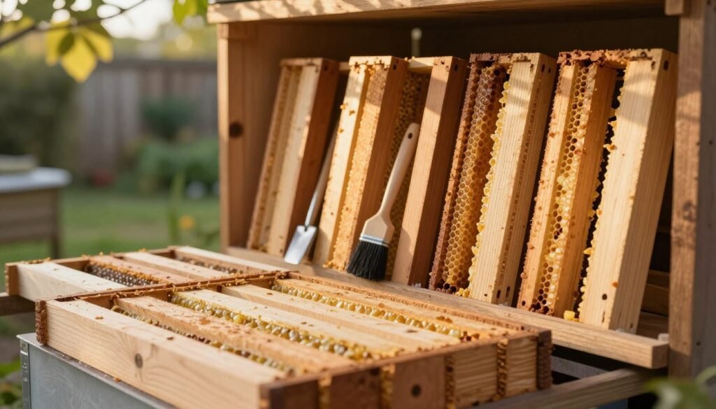 A collection of wooden hive frames, neatly organized and stacked in an outdoor storage shed. In the foreground, a few frames are laid flat, showcasing their natural wood grain, with a subtle sheen of beeswax. In the middle, several additional frames are arranged vertically against wooden shelves, surrounded by a few tools like a hive tool and a brush, emphasizing a clean and orderly storage practice. The background features a softly blurred view of a garden, bathed in warm, golden hour sunlight filtering through tree leaves, casting gentle shadows. The mood is serene and tidy, reflecting the importance of proper hive frame care. This image should avoid any human presence, maintaining focus on the frames and their environment.