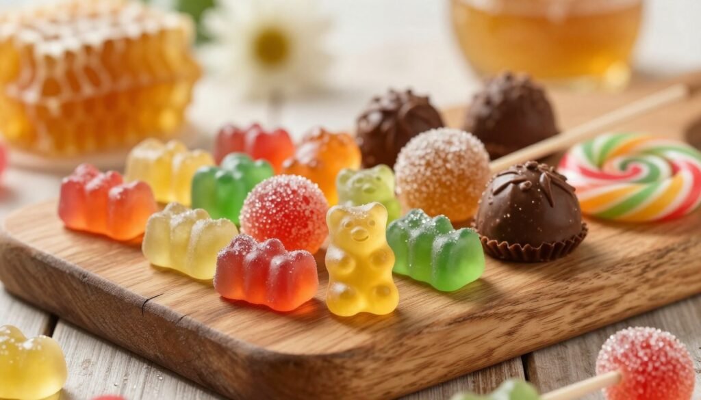 A colorful assortment of various candies arranged neatly on a wooden board, showcasing a vibrant mix of shapes and colors, including gummy bears, chocolate truffles, and lollipops, placed under soft, warm natural lighting. In the foreground, a close-up of candies glistening with sugar crystals creates an inviting texture, while in the middle ground, the board itself is elegantly styled with a rustic, weathered appearance, hinting at the natural environment of bees. The background blurs slightly, featuring soft bokeh of honeycomb patterns and muted floral elements, enhancing the focus on the candy board. The overall atmosphere should evoke a sense of warmth and sweetness, celebrating the theme of nurturing and care in winter.