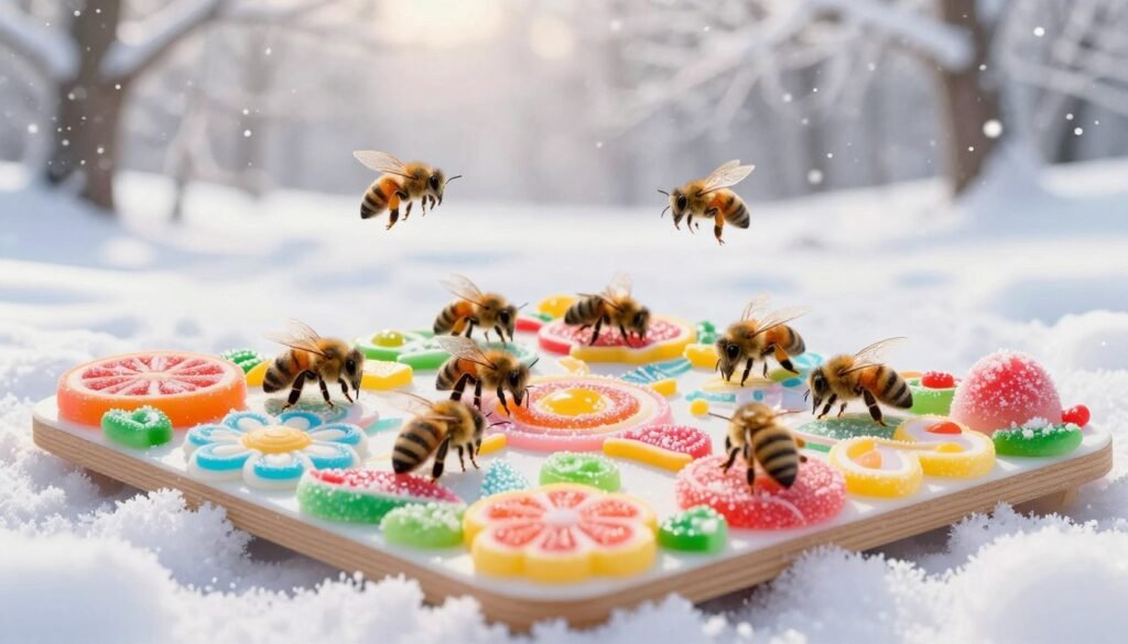 A colorful winter scene featuring a vibrant candy board designed for bees, placed in a snowy landscape. In the foreground, showcase a detailed candy board adorned with various bright, sugary designs like flowers and fruits, attracting bees. In the middle, clusters of busy honey bees buzzing around the candy board, with some landing on the sugary surface. In the background, depict a serene winter setting with softly falling snowflakes and a few frosted trees. Use soft, diffused lighting to create a warm, inviting mood contrasting with the chilly atmosphere. Capture the scene from a slightly elevated angle to provide a clear view of the candy board and bees, emphasizing their interaction in a cozy winter setting.